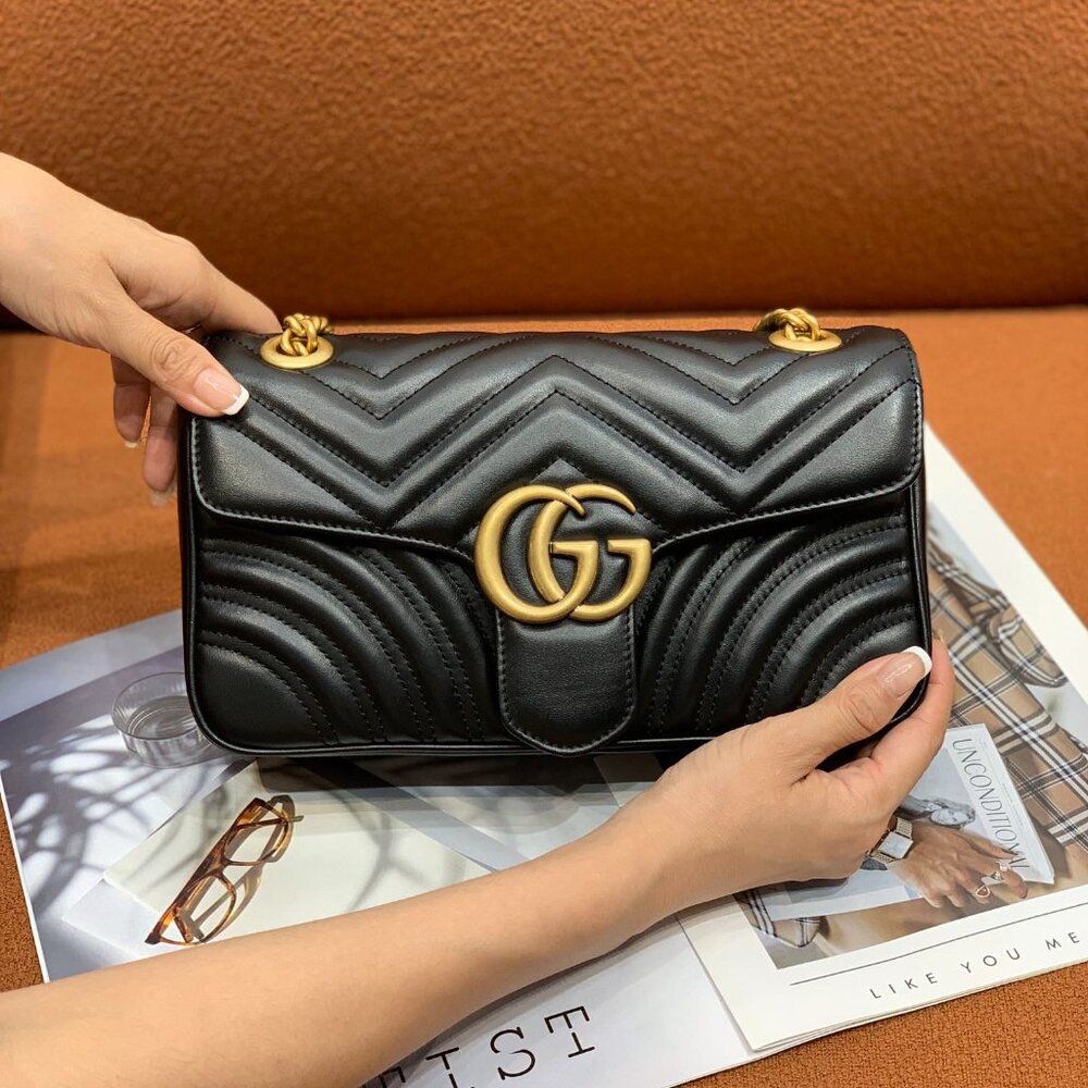 Gucci Black Leather GG Marmont Bag with Gold Chain